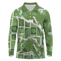 Hawaii Japanese Culture Sage Green Long Sleeve Polo Shirt Spring Cranes Aloha Pattern