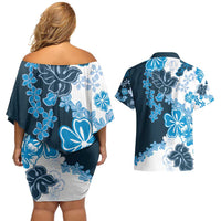 Blue Hibiscus Plumeria Floral Couples Matching Off Shoulder Short Dress and Hawaiian Shirt LT01 - Polynesian Pride