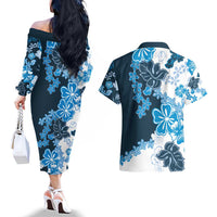 Blue Hibiscus Plumeria Floral Couples Matching Off The Shoulder Long Sleeve Dress and Hawaiian Shirt LT01 - Polynesian Pride