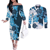 Blue Hibiscus Plumeria Floral Couples Matching Off The Shoulder Long Sleeve Dress and Long Sleeve Button Shirt LT01 Blue - Polynesian Pride
