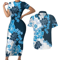 Blue Hibiscus Plumeria Floral Couples Matching Short Sleeve Bodycon Dress and Hawaiian Shirt LT01 Blue - Polynesian Pride