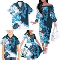 Blue Hibiscus Plumeria Floral Family Matching Off The Shoulder Long Sleeve Dress and Hawaiian Shirt LT01 - Polynesian Pride