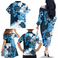 Blue Hibiscus Plumeria Floral Family Matching Off The Shoulder Long Sleeve Dress and Hawaiian Shirt LT01 - Polynesian Pride