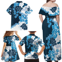 Blue Hibiscus Plumeria Floral Family Matching Off Shoulder Maxi Dress and Hawaiian Shirt LT01 - Polynesian Pride