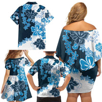 Blue Hibiscus Plumeria Floral Family Matching Off Shoulder Short Dress and Hawaiian Shirt LT01 - Polynesian Pride