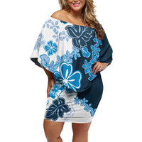 Blue Hibiscus Plumeria Floral Family Matching Off Shoulder Short Dress and Hawaiian Shirt LT01 Mom's Dress Blue - Polynesian Pride