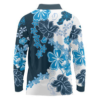 Blue Hibiscus Plumeria Floral Long Sleeve Polo Shirt - Polynesian Pride