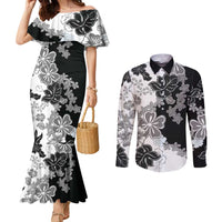 Gray Scale Hibiscus Plumeria Floral Couples Matching Mermaid Dress and Long Sleeve Button Shirt LT01 Black - Polynesian Pride