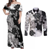 Gray Scale Hibiscus Plumeria Floral Couples Matching Off Shoulder Maxi Dress and Long Sleeve Button Shirt - Polynesian Pride