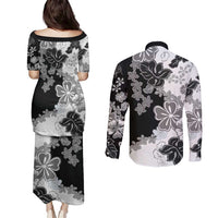 Gray Scale Hibiscus Plumeria Floral Couples Matching Puletasi and Long Sleeve Button Shirt - Polynesian Pride