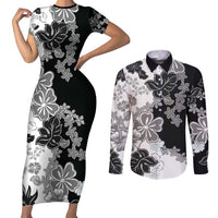 Gray Scale Hibiscus Plumeria Floral Couples Matching Short Sleeve Bodycon Dress and Long Sleeve Button Shirt LT01 Black - Polynesian Pride