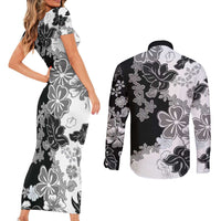 Gray Scale Hibiscus Plumeria Floral Couples Matching Short Sleeve Bodycon Dress and Long Sleeve Button Shirt LT01 - Polynesian Pride