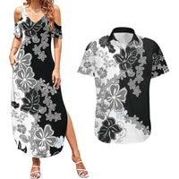 Gray Scale Hibiscus Plumeria Floral Couples Matching Summer Maxi Dress and Hawaiian Shirt LT01 Black - Polynesian Pride