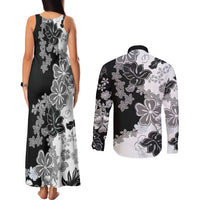 Gray Scale Hibiscus Plumeria Floral Couples Matching Tank Maxi Dress and Long Sleeve Button Shirt - Polynesian Pride