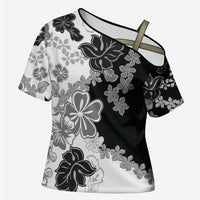 Gray Scale Hibiscus Plumeria Floral Cross Shoulder Shirt - Polynesian Pride