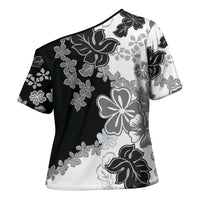 Gray Scale Hibiscus Plumeria Floral Cross Shoulder Shirt - Polynesian Pride
