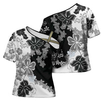 Gray Scale Hibiscus Plumeria Floral Cross Shoulder Shirt - Polynesian Pride