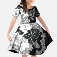 Gray Scale Hibiscus Plumeria Floral Family Matching Off The Shoulder Long Sleeve Dress and Hawaiian Shirt LT01 Daughter's Dress Black - Polynesian Pride