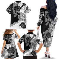 Gray Scale Hibiscus Plumeria Floral Family Matching Off The Shoulder Long Sleeve Dress and Hawaiian Shirt LT01 - Polynesian Pride