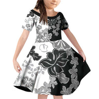 Gray Scale Hibiscus Plumeria Floral Family Matching Off Shoulder Short Dress and Hawaiian Shirt LT01 Daughter's Dress Black - Polynesian Pride