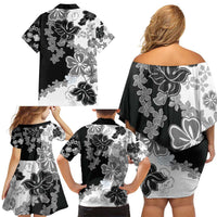 Gray Scale Hibiscus Plumeria Floral Family Matching Off Shoulder Short Dress and Hawaiian Shirt LT01 - Polynesian Pride