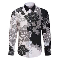 Gray Scale Hibiscus Plumeria Floral Family Matching Puletasi and Hawaiian Shirt LT01 Dad's Shirt - Long Sleeve Black - Polynesian Pride