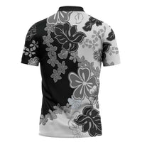 Gray Scale Hibiscus Plumeria Floral Zipper Polo Shirt - Polynesian Pride