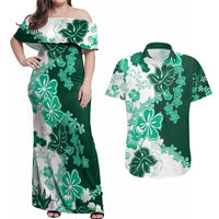 Green Hibiscus Plumeria Floral Couples Matching Off Shoulder Maxi Dress and Hawaiian Shirt LT01 Green - Polynesian Pride