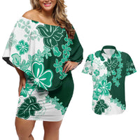 Green Hibiscus Plumeria Floral Couples Matching Off Shoulder Short Dress and Hawaiian Shirt LT01 Green - Polynesian Pride