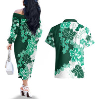 Green Hibiscus Plumeria Floral Couples Matching Off The Shoulder Long Sleeve Dress and Hawaiian Shirt LT01 - Polynesian Pride