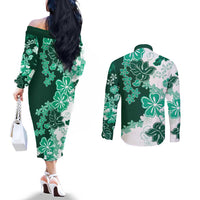 Green Hibiscus Plumeria Floral Couples Matching Off The Shoulder Long Sleeve Dress and Long Sleeve Button Shirt LT01 - Polynesian Pride