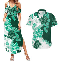 Green Hibiscus Plumeria Floral Couples Matching Summer Maxi Dress and Hawaiian Shirt LT01 Green - Polynesian Pride