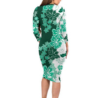 Green Hibiscus Plumeria Floral Family Matching Long Sleeve Bodycon Dress and Hawaiian Shirt LT01 - Polynesian Pride