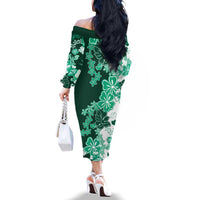 Green Hibiscus Plumeria Floral Family Matching Off The Shoulder Long Sleeve Dress and Hawaiian Shirt LT01 - Polynesian Pride