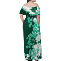 Green Hibiscus Plumeria Floral Family Matching Off Shoulder Maxi Dress and Hawaiian Shirt LT01 - Polynesian Pride
