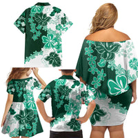 Green Hibiscus Plumeria Floral Family Matching Off Shoulder Short Dress and Hawaiian Shirt LT01 - Polynesian Pride