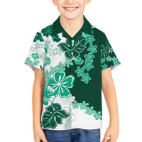 Green Hibiscus Plumeria Floral Family Matching Off Shoulder Short Dress and Hawaiian Shirt LT01 Son's Shirt Green - Polynesian Pride
