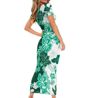 Green Hibiscus Plumeria Floral Family Matching Short Sleeve Bodycon Dress and Hawaiian Shirt LT01 - Polynesian Pride
