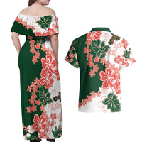 Green Orange Hibiscus Plumeria Floral Couples Matching Off Shoulder Maxi Dress and Hawaiian Shirt LT01 - Polynesian Pride
