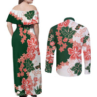 Green Orange Hibiscus Plumeria Floral Couples Matching Off Shoulder Maxi Dress and Long Sleeve Button Shirt LT01 - Polynesian Pride