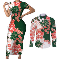 Green Orange Hibiscus Plumeria Floral Couples Matching Short Sleeve Bodycon Dress and Long Sleeve Button Shirt LT01 Orange - Polynesian Pride
