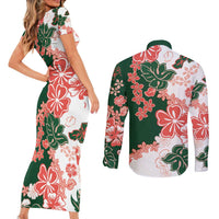 Green Orange Hibiscus Plumeria Floral Couples Matching Short Sleeve Bodycon Dress and Long Sleeve Button Shirt LT01 - Polynesian Pride