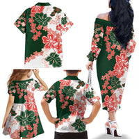 Green Orange Hibiscus Plumeria Floral Family Matching Off The Shoulder Long Sleeve Dress and Hawaiian Shirt LT01 - Polynesian Pride