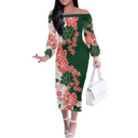Green Orange Hibiscus Plumeria Floral Family Matching Off The Shoulder Long Sleeve Dress and Hawaiian Shirt LT01 Mom's Dress Orange - Polynesian Pride