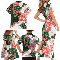 Green Orange Hibiscus Plumeria Floral Family Matching Short Sleeve Bodycon Dress and Hawaiian Shirt LT01 - Polynesian Pride