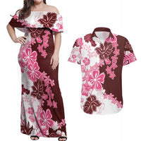 Pink Hibiscus Plumeria Floral Couples Matching Off Shoulder Maxi Dress and Hawaiian Shirt LT01 Pink - Polynesian Pride