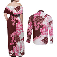 Pink Hibiscus Plumeria Floral Couples Matching Off Shoulder Maxi Dress and Long Sleeve Button Shirt - Polynesian Pride