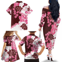Pink Hibiscus Plumeria Floral Family Matching Off The Shoulder Long Sleeve Dress and Hawaiian Shirt LT01 - Polynesian Pride