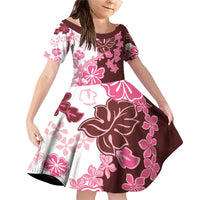 Pink Hibiscus Plumeria Floral Family Matching Off Shoulder Short Dress and Hawaiian Shirt LT01 Daughter's Dress Pink - Polynesian Pride