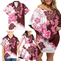 Pink Hibiscus Plumeria Floral Family Matching Off Shoulder Short Dress and Hawaiian Shirt LT01 - Polynesian Pride